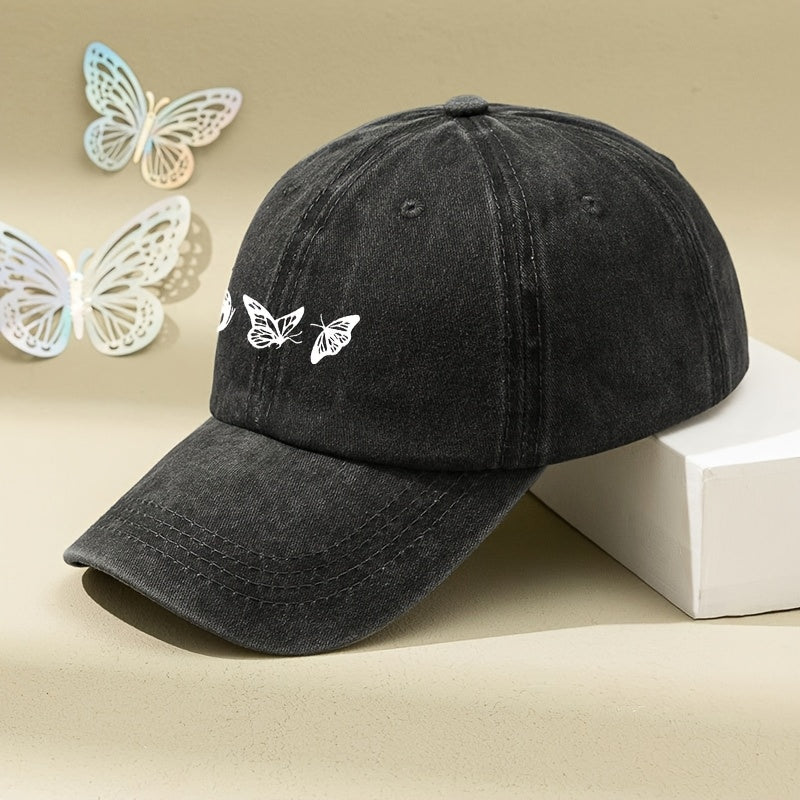 White Three-butterfly Print Women's Vintage Washed Baseball Cap, Distressed Dad Hat, Unisex Retro Foreign Trade Baseball Cap, New Soft-top Outdoor Driver's Cap, Distressed Washed Hat, Men's Hat, Women's Hat