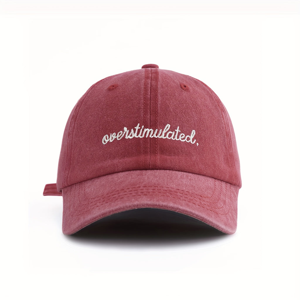 Overstimulated Embroidered Letter Women's Washed Baseball Cap, Fashionable Outdoor Retro Street Urban Style Unisex Baseball Cap Curved Brim Dad Hat Sun Hat Suitable for Vacation Beach Travel Cycling
