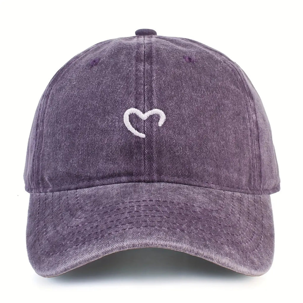 Women'S Heart-Shaped Embroidered Vintage Washed Baseball Cap, Adjustable Size, Suitable for Urban Vacation Wear
