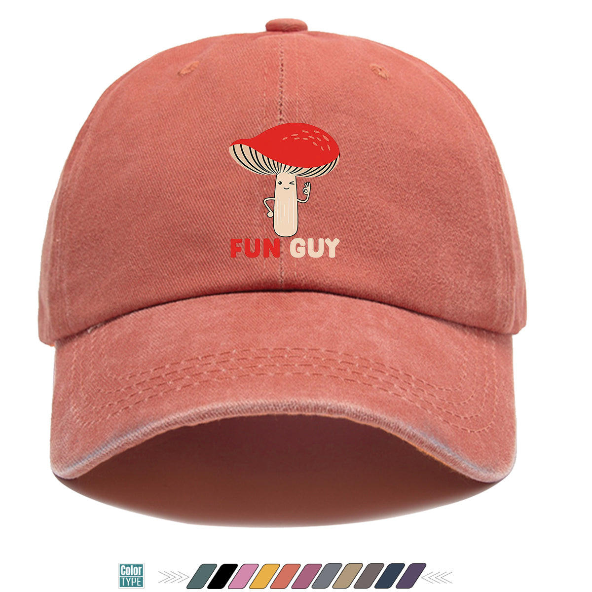 1pc FUN GUY Mushroom Print Baseball Cap with Winking V-Sign & Mushroom - Adjustable Unisex Hat Suitable for Outdoor, Parties, Travel, Picnic, Camping - Breathable Sun Hat for Men & Women, Creative Gift for Daily Wear and Birthdays