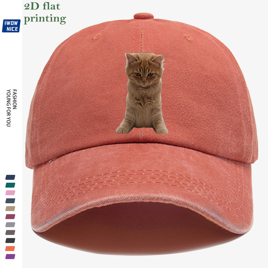 1pc Orange Tabby Cat Squatting Front Print Baseball Cap, with Round Eyes Slightly Squinted, Giving Off a "I'm Noble" Meme Vibe. A Must-have for Daily Outings, Café Visits, and Citywalks to Create a Stylish Look. The Cap Shape Helps Flatter and Slim