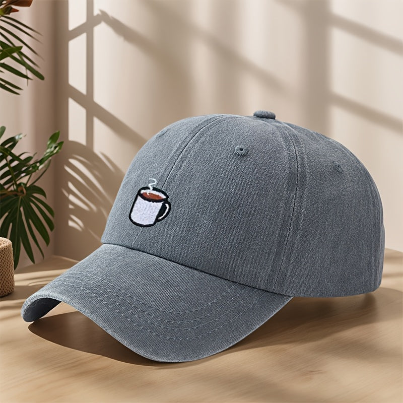 High-Quality Baseball Cap with Coffee Cup Embroidery, Lightweight, Soft, Comfortable, Sweat-Absorbing, Breathable, Classic Washed Vintage Hat for Outdoor Leisure, Sports, Shopping, Vacation, Camping, Sun Protection