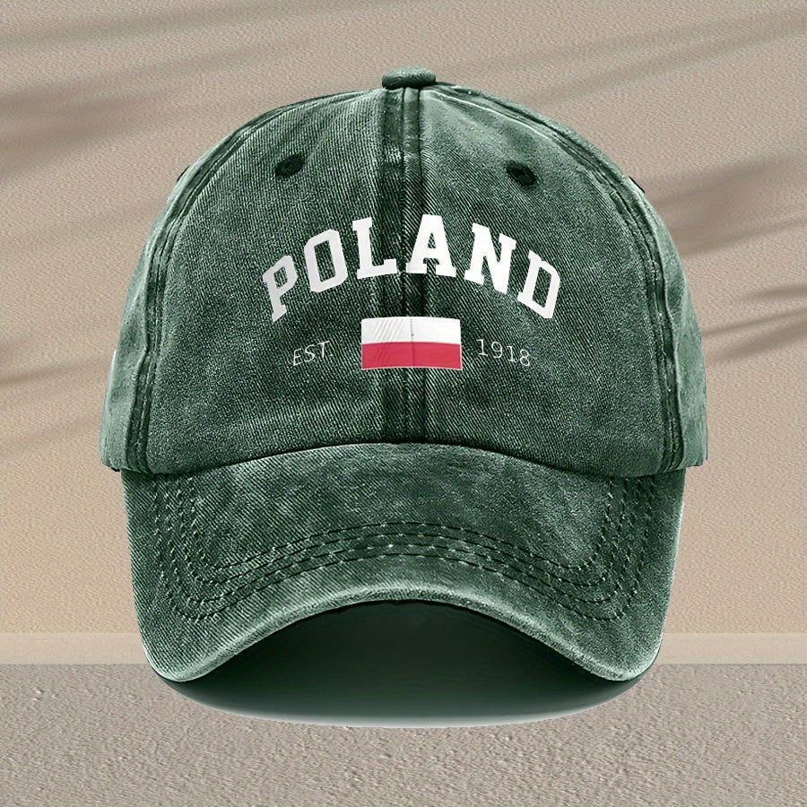 Unisex Vintage Washed Baseball Cap - Adjustable Breathable Trucker Hat with "Poland" Lettering Distressed Style, Lightweight Casual Dad Hat for Outdoor Activities, Black, Non-Stretch Fabric