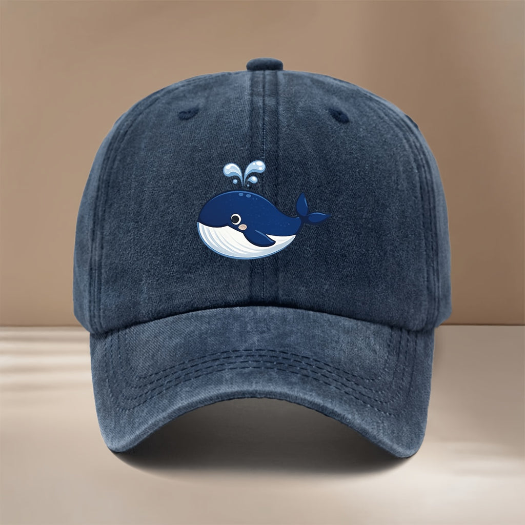 This Is a Baseball Cap with a Whale Spouting Water Graphic Print. It Is a , Lightweight, and Adjustable Casual Hat Suitable for Both Men and Women. This Stylish and Trendy Snapback Cap Is Perfect for Outdoor Sports, Dinners, Camping, and Other