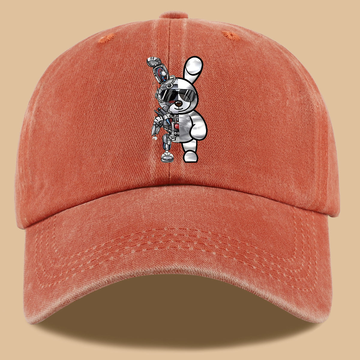 1pc Trendy Creative Cyberpunk Style Mechanical Rabbit Pattern Printed Baseball Cap, Lightweight Comfortable Breathable Sun Hat, Fashionable Easy Aesthetic Men And Women'S Cap, Adjustable Size, Trucker Dad Hat, Mom'S Beach Vacation Hat