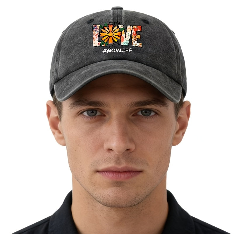 Unisex Fashion Versatile Floral Daisy LOVE Printed Baseball Cap, Classic Vintage Washed Outdoor Lightweight Curved Cap, Trucker Hat, Suitable for Outdoor Vacation Travel Camping And Casual Occasions, Holiday Party Hip-Hop Hat