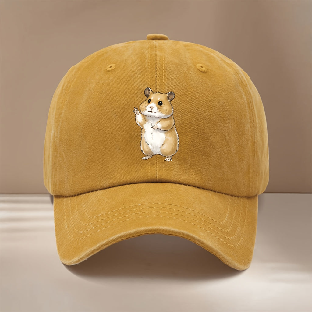 This Is a Baseball Cap with a Waving Hamster Print. It Features a Relaxed Fit, Adjustable Sizing, and a Simple, Trendy Curved Brim. Suitable for Both Men and Women, It Is a Versatile Six-panel Hat Perfect for Outdoor Sports, Dinners