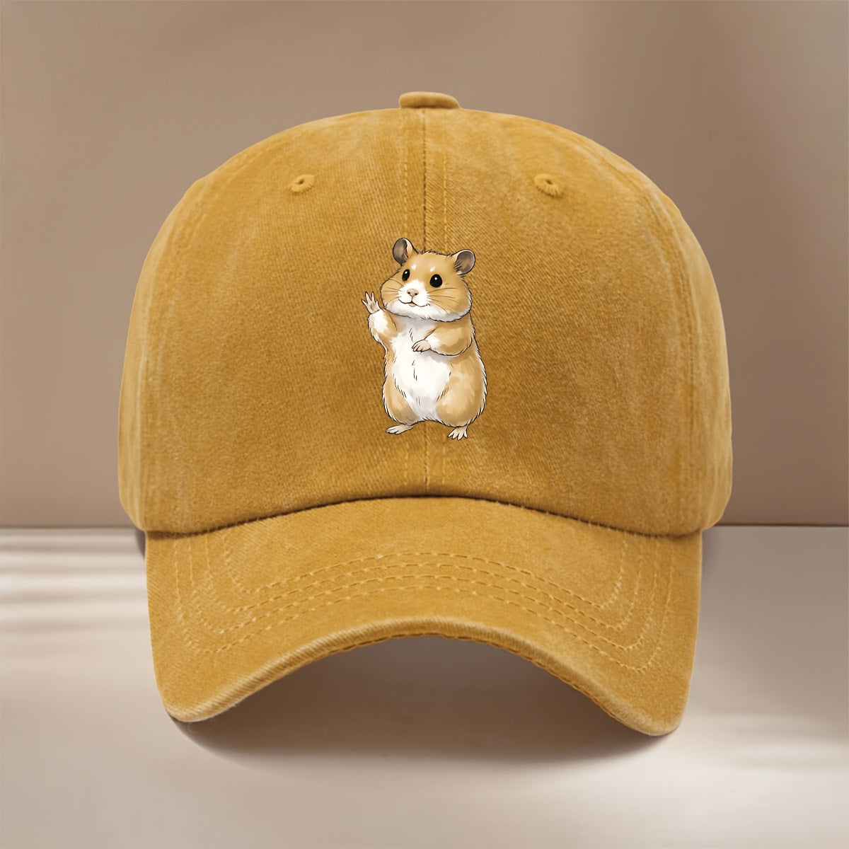 This Is a Baseball Cap with a Waving Hamster Print. It Features a Relaxed Fit, Adjustable Sizing, and a Simple, Trendy Curved Brim. Suitable for Both Men and Women, It Is a Versatile Six-panel Hat Perfect for Outdoor Sports, Dinners
