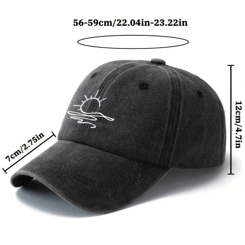 One Size Fits Most Washed Printing Sun Pattern Baseball Cap, Fashionable Curved Brim Hat, Suitable for Outdoor Vacation Travel Camping Leisure Occasions, Truck Driver Baseball Cap