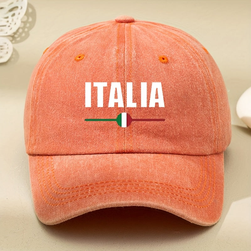 Italian White Letter Print Washed Vintage Baseball Cap, Casual Soft-Top Curved Brim Baseball Cap, Outdoor Duckbill Cap, Unisex Driver'S Cap, Distressed Washed Hat, Men'S Hat, Women'S Hat