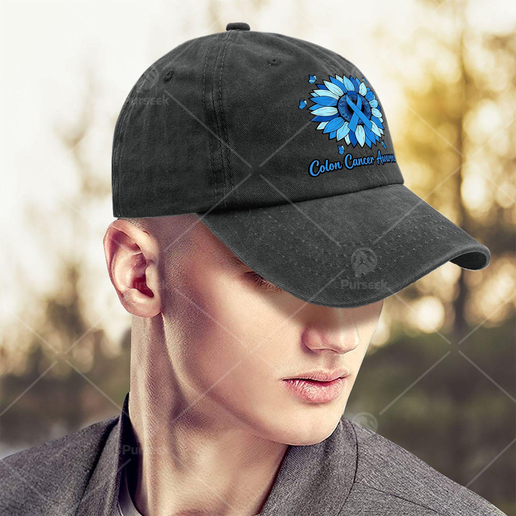 Cool Unisex Baseball Cap with a Blue Ribbon and Sunflower, Used for Colon Cancer Month Promotion
