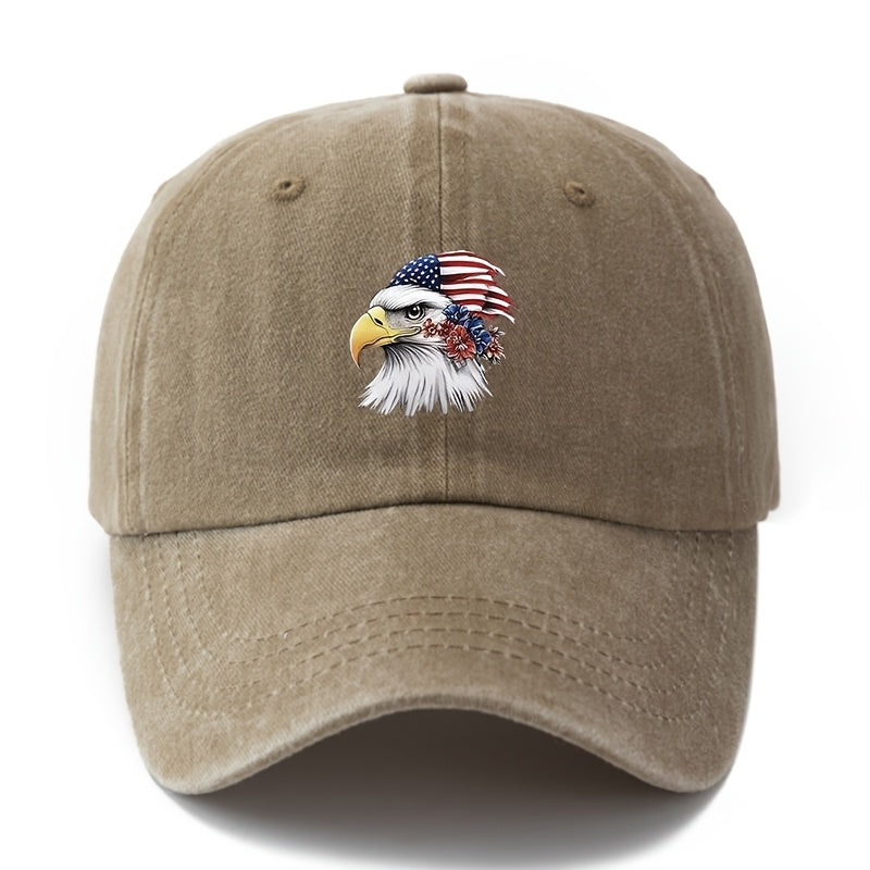 A Unisex Fashionable and Versatile Printed Floral Eagle Baseball Cap, Featuring a Classic Vintage Washed Outdoor Lightweight Curved Brim Design. Suitable for Outdoor Vacations, Travel, Camping, and Other Casual Occasions. Ideal for Holiday Parties