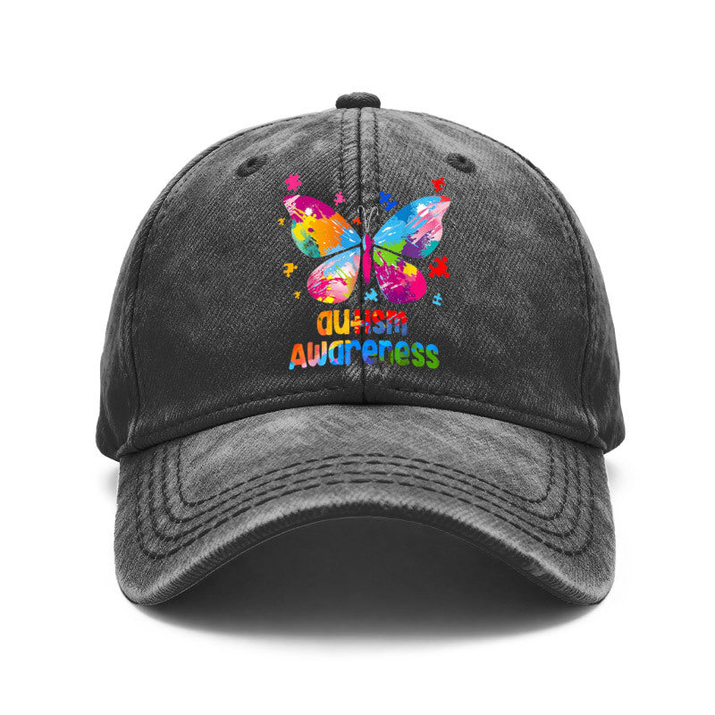1pc of Vintage Washed Unisex Baseball Caps Featuring a Colorful Artistic Design of an Autism Awareness Butterfly. These Adjustable Caps Are Perfect for Outdoor Activities And Casual Wear, Making Them Great Gifts for Both Men And Women