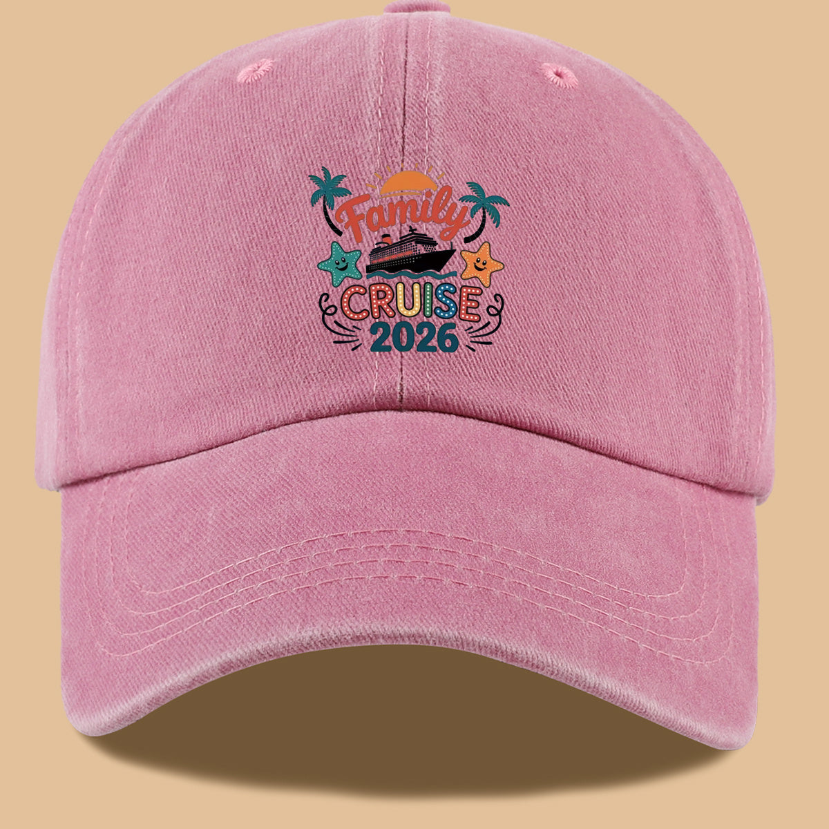 1pc "Family Mail Steamer 2025.98inch" Themed Printed Baseball Cap, Fun Cartoon Mail Steamer Ship, Stars, Palm Trees, Sunset Pattern, Fashionable Casual Sun Hat, Unisex, Adjustable Size, Dad's Fishing Hat, Mom's Vacation Hat, Suitable for Family
