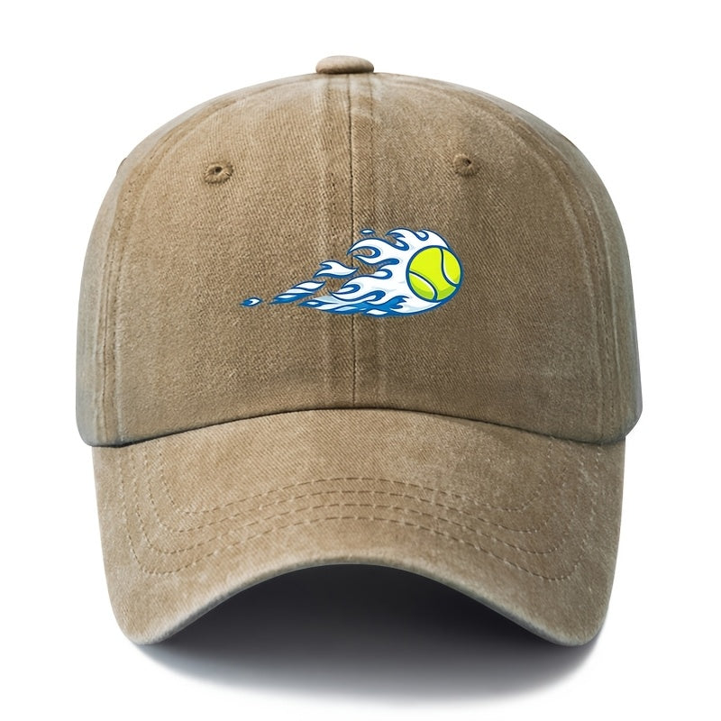 A Unisex Fashionable and Versatile Printed Flame Baseball Cap, Featuring a Classic Vintage Washed Outdoor Lightweight Curved Brim. Suitable for Casual Occasions Such as Outdoor Vacations, Travel, and Camping, as Well as Holiday Parties and Hip-hop