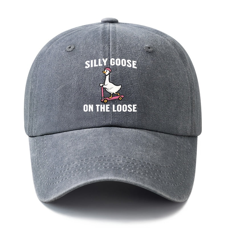 Unisex Fashion Versatile Printed SILLY GOOSE ON THE LOOSE Baseball Cap, Classic Retro Washed Outdoor Lightweight Curved Brim Hat, Trucker Cap, Suitable for Outdoor Vacation Travel Camping And Casual Occasions, Holiday Party Hip-Hop Hat