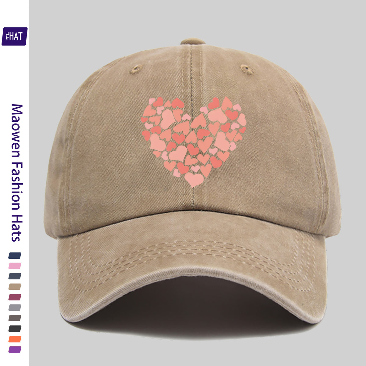 Summer Unisex Adjustable Baseball Cap, Washed Distressed Design, Large Heart Print with Small Heart Details, Washed Vintage Cap, Street Skateboard Cap, Retro Dad Hat, Durable, Comfortable, Breathable Trucker Cap