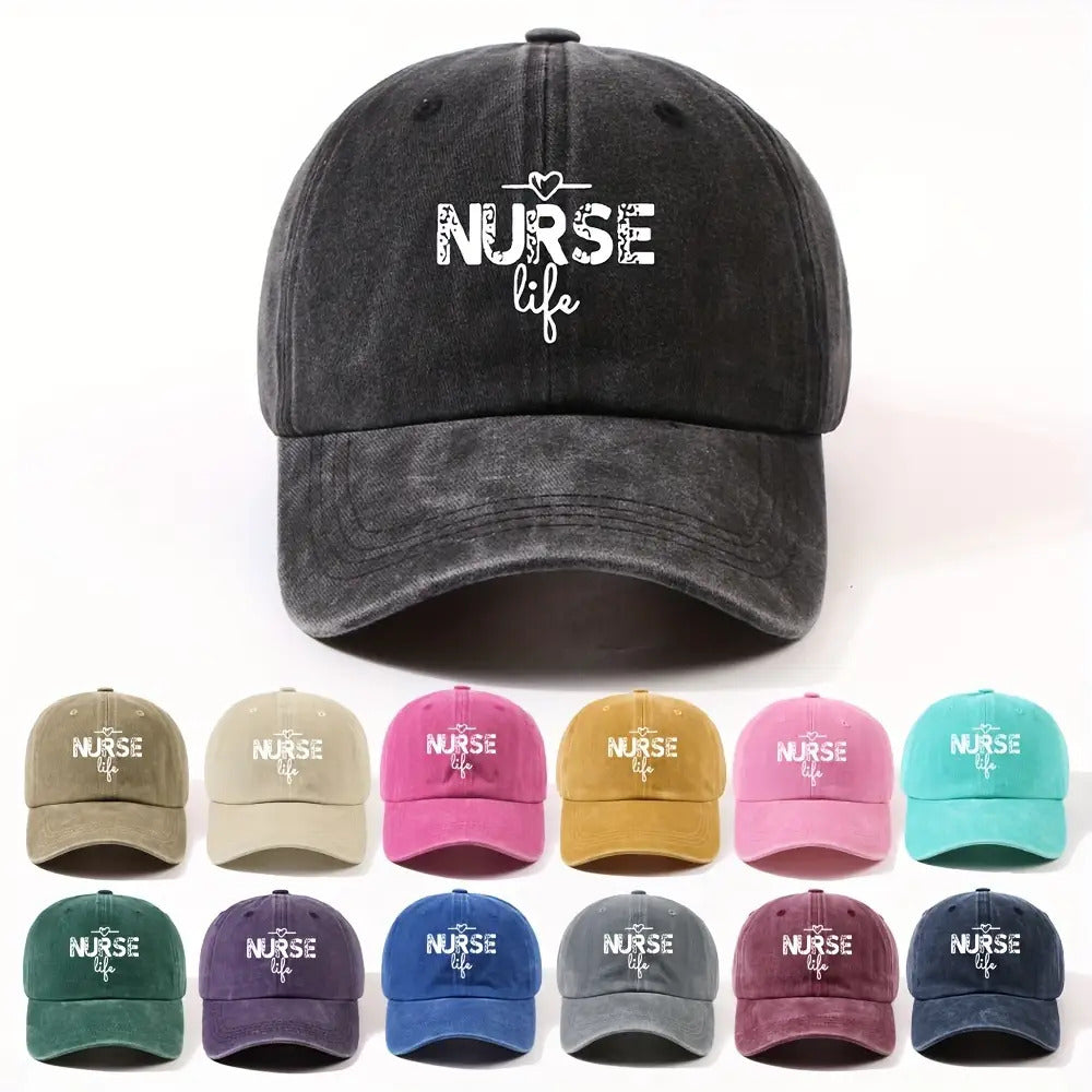 1 Fashion Nurse Letter Washed Baseball Cap Unisex Adjustable Brim Sun Hat Shopping Cycling Skateboarding Trendy Baseball Cap,  Casual Wear, Sporty Style, Geometric Pattern, Metal Buckle Closure, Durable Material, Unisex Headwear, Men And Women
