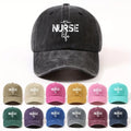 1 Fashion Nurse Letter Washed Baseball Cap Unisex Adjustable Brim Sun Hat Shopping Cycling Skateboarding Trendy Baseball Cap,  Casual Wear, Sporty Style, Geometric Pattern, Metal Buckle Closure, Durable Material, Unisex Headwear, Men And Women