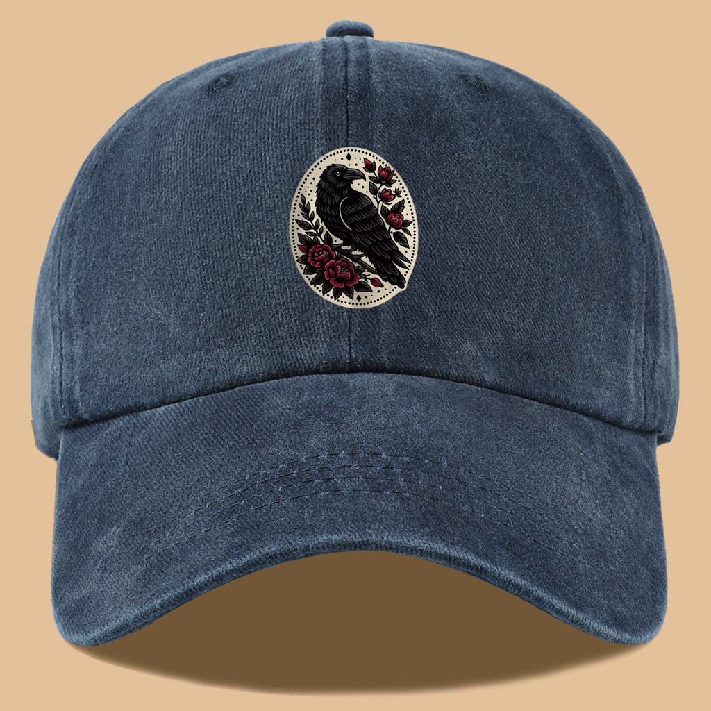 1pc 1pcs Black Crow & Red Rose Vintage Duckbill Baseball Cap - Adjustable Unisex Hat Suitable for Men & Women, Gothic Streetwear Sun Hat for Outdoor Travel, Daily Commute, Photo Shoots, Creative,,