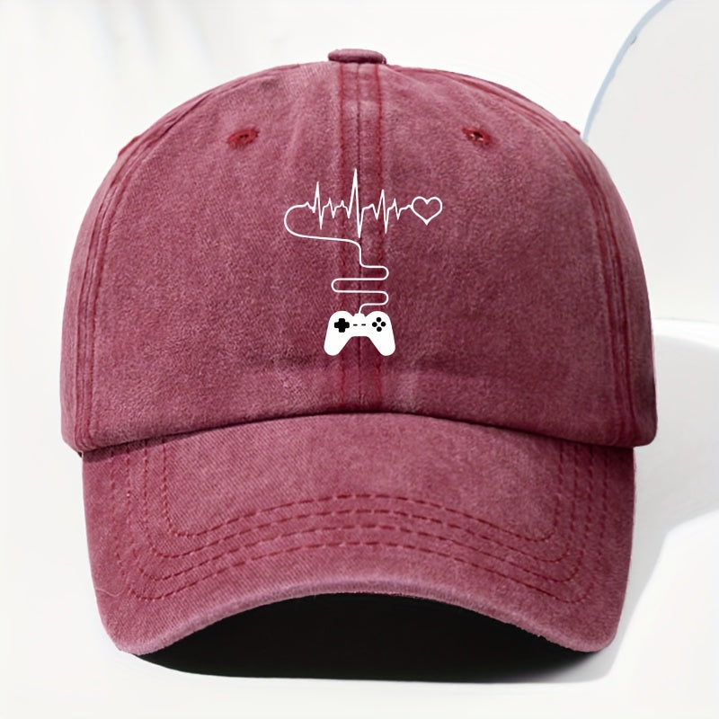Unisex Gaming Console Heart Print Washed Vintage Baseball Cap, Fashionable Outdoor Hat for Men and Women, Adjustable Fit Trucker Hat Suitable for All Seasons and Daily Wear