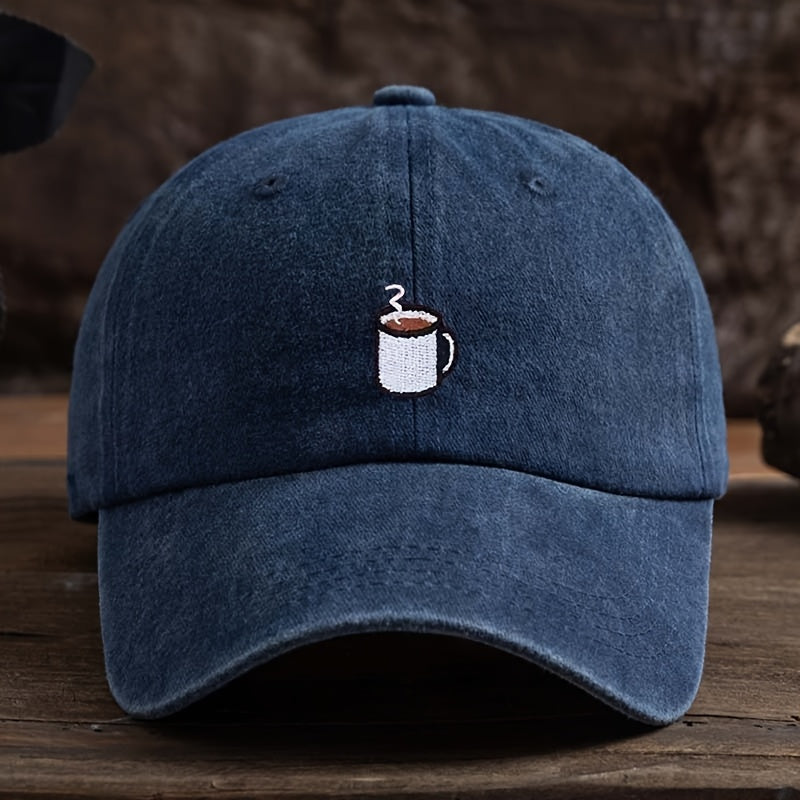 A Straightforward Men'S Baseball Cap Designed for Coffee Enthusiasts, Featuring a Cup Motif. The Fabric Is Machine Washable, Making It Ideal for Everyday Wear