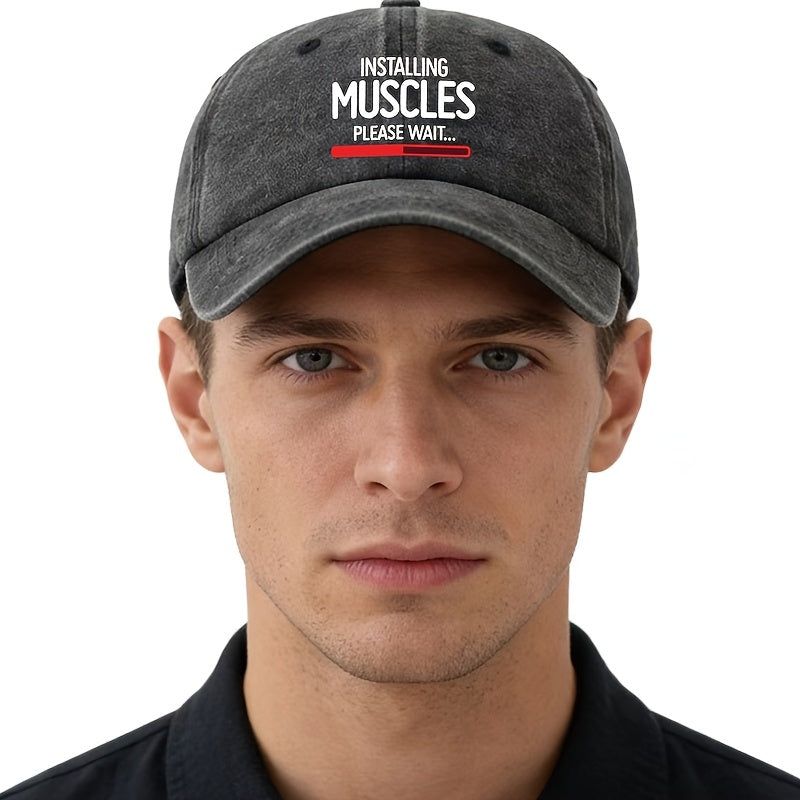 A Unisex Fashionable and Versatile Printed "MUSCLES" Baseball Cap, Featuring a Classic Vintage Washed Outdoor Lightweight Curved Brim. This Trucker Baseball Cap Is Suitable for Casual Occasions Such as Outdoor Vacations, Travel, and Camping. It Also