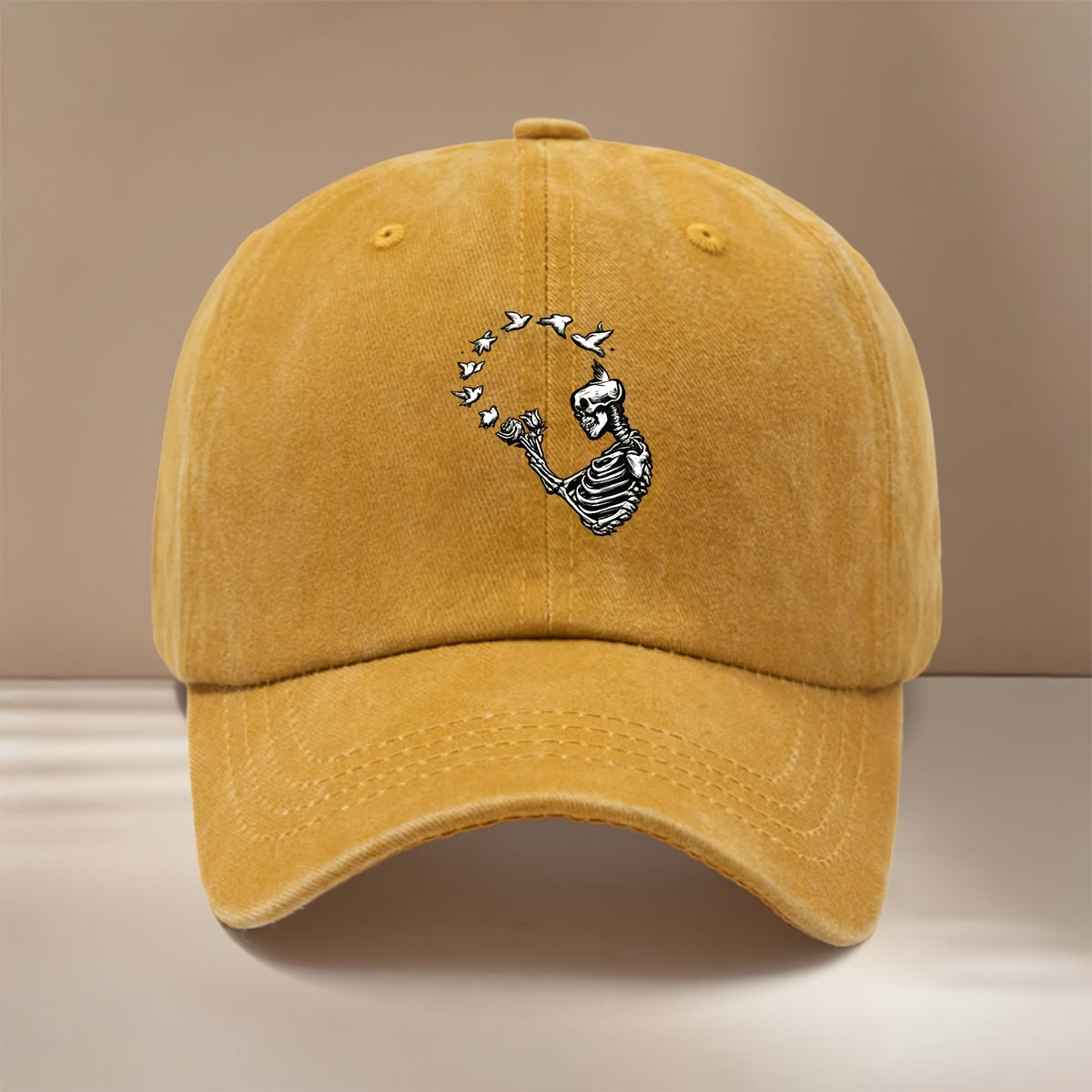 A Relaxed Six-Panel Baseball Cap Featuring a Skull And Bird Design, Suitable for Both Men And Women. This Vintage-Style Hat Is Perfect for Parties, Camping, And Hip-Hop Outfits. It'S Lightweight, Stylish, And Has a Comfortable Fit