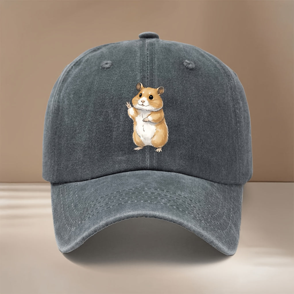 This Is a Baseball Cap with a Waving Hamster Print. It Features a Relaxed Fit, Adjustable Sizing, and a Simple, Trendy Curved Brim. Suitable for Both Men and Women, It Is a Versatile Six-panel Hat Perfect for Outdoor Sports, Dinners