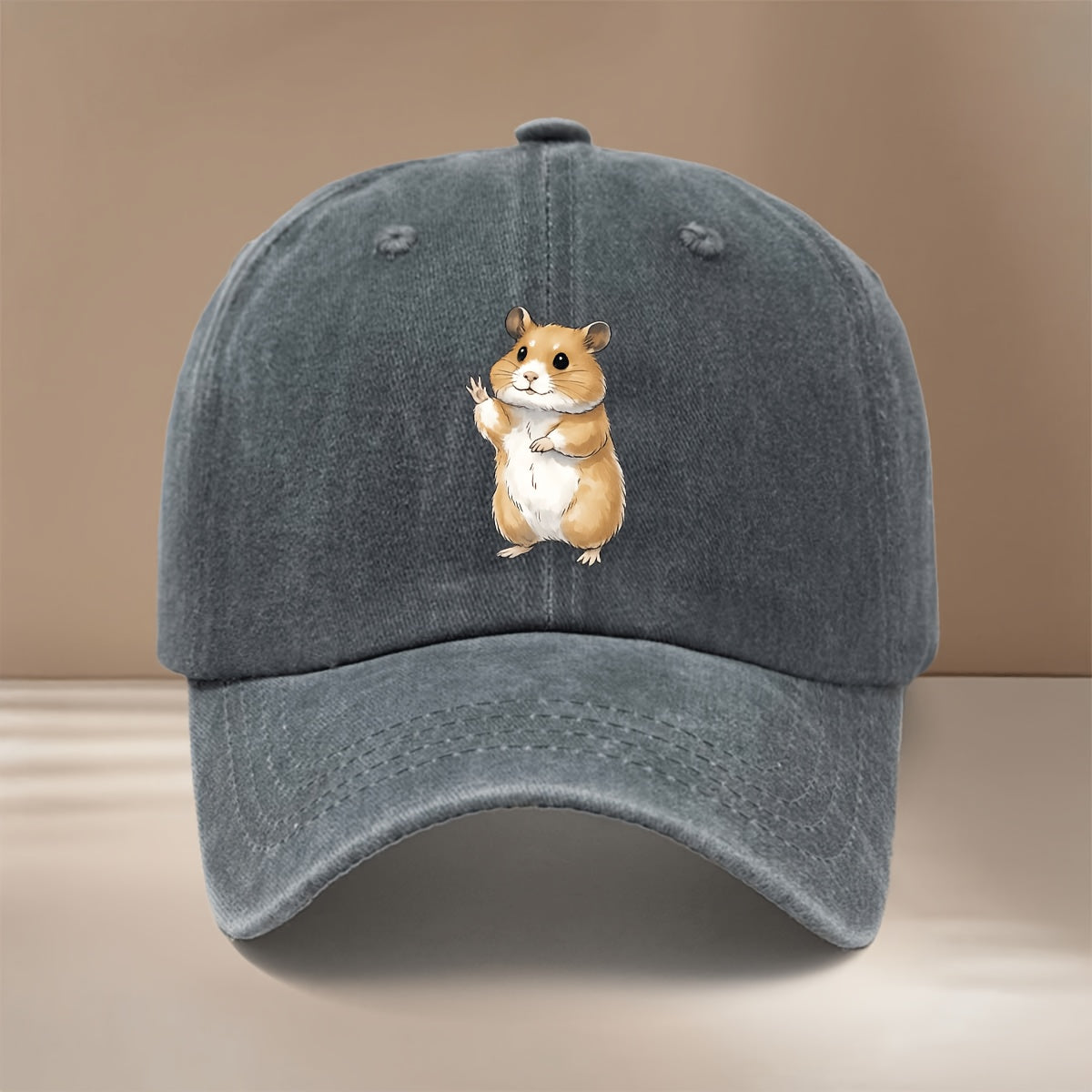 This Is a Baseball Cap with a Waving Hamster Print. It Features a Relaxed Fit, Adjustable Sizing, and a Simple, Trendy Curved Brim. Suitable for Both Men and Women, It Is a Versatile Six-panel Hat Perfect for Outdoor Sports, Dinners