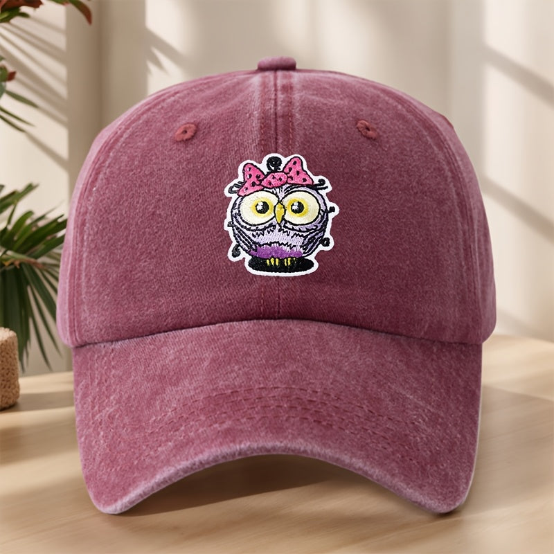 Vintage Washed Duckbill Baseball Cap with Owl Patch - Distressed Soft Breathable Sweat-Absorbent Suitable for Outdoor,, Camping, Fishing, Streetwear Hat, Washed Retro for Climbing and Casual Wear