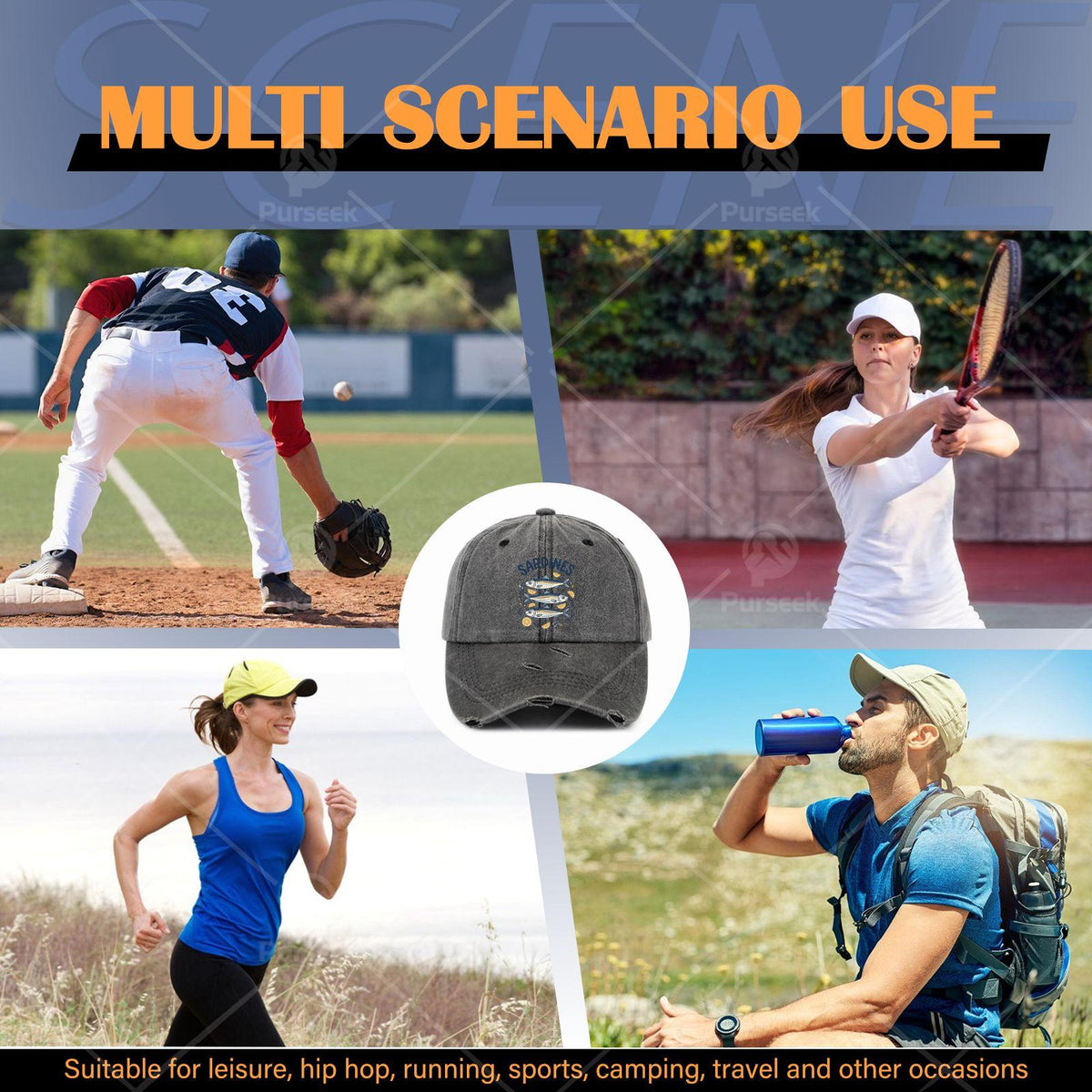 Men's Sardine-Themed Trucker Hat - Distressed Wash Baseball Cap with Sardine Print, Elastic Strap & Machine Washable Suitable for Casual Wear, Fishing Trips, Outdoor Activities, Nautical Cap for Sardine Lovers