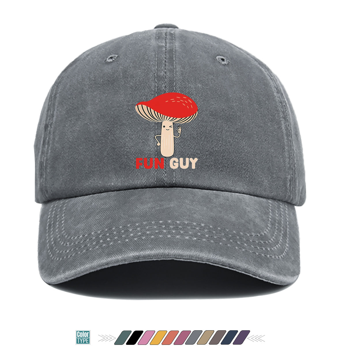 1pc FUN GUY Mushroom Print Baseball Cap with Winking V-Sign & Mushroom - Adjustable Unisex Hat Suitable for Outdoor, Parties, Travel, Picnic, Camping - Breathable Sun Hat for Men & Women, Creative Gift for Daily Wear and Birthdays
