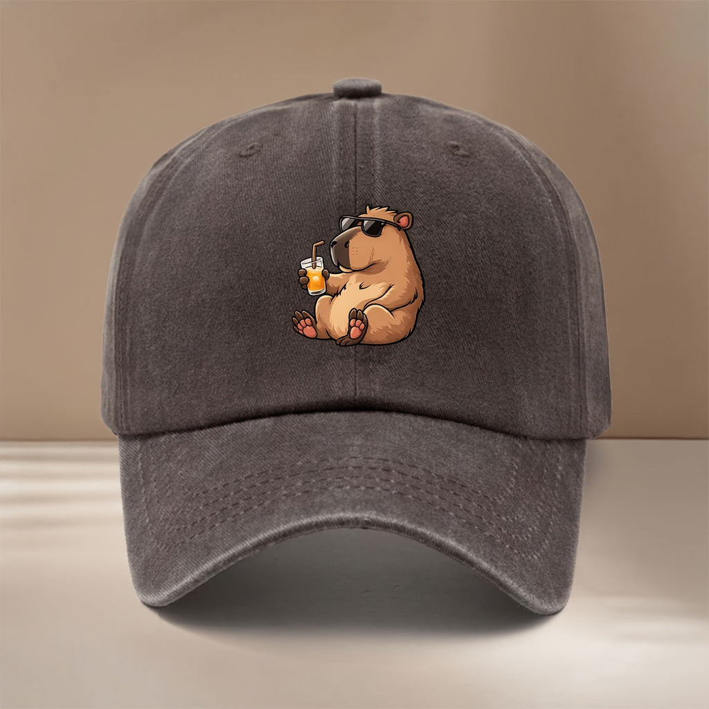 This Is a Baseball Cap with a "Drinking Guinea Pig" Graphic Print. It's Comfortable, Lightweight, and Adjustable in Size. A Six-panel Unisex Hat, This Simple and Trendy Snapback Is Perfect for Outdoor Sports, Picnics, Camping, and  Fashion