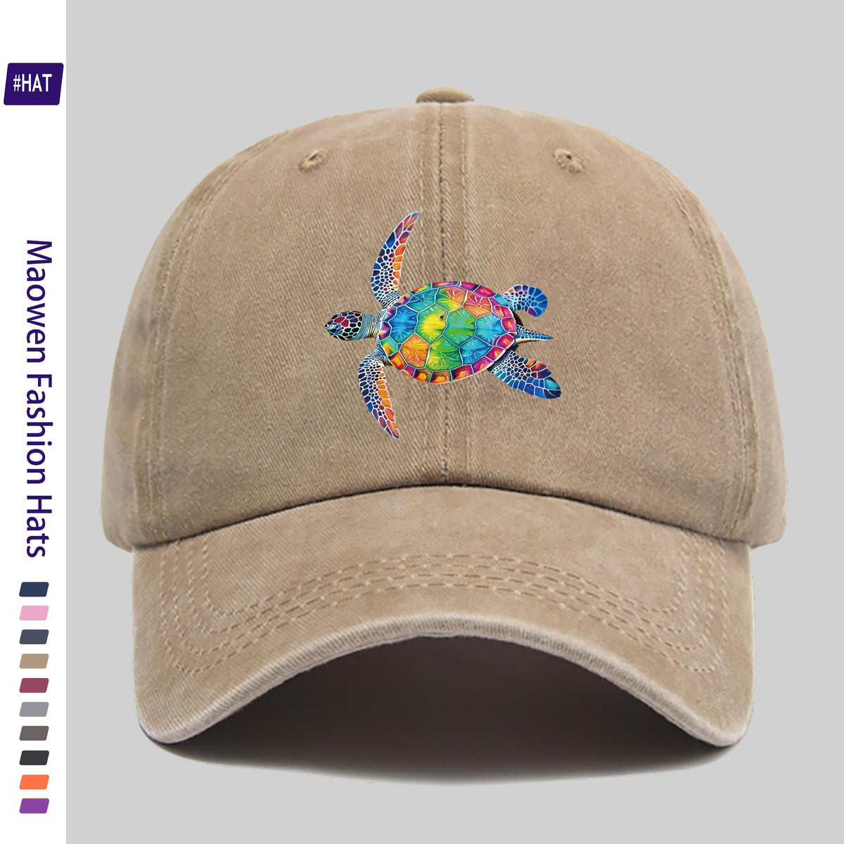 Washed Baseball Cap with Colorful Turtle Pattern Heat Transfer Design, New Vintage Style Cap for Autumn And Winter, Unisex, Adjustable, Lightweight Outdoor Cap, Suitable for All Seasons, Ideal for Travel And Leisure, Suitable for Sports