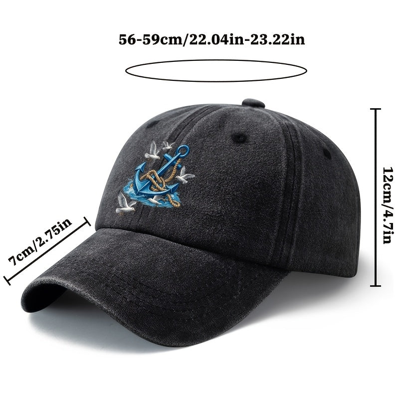 Unisex, Fashionable And Versatile Printed Nautical Anchor Baseball Cap, Classic Retro Washed Outdoor Lightweight Curved Brim Cap, Trucker Baseball Cap, Suitable for Outdoor Vacations, Travel, Camping, And Other Casual Occasions, Hip-Hop Style Cap