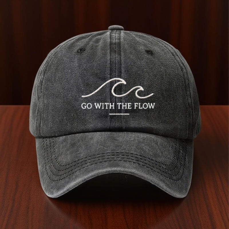 Vintage Washed Distressed Baseball Cap, with "GO WITH THE FLOW" Print, Unisex Dad Hat, Retro Casual Street Style Sun Hat, Suitable for Men, Women, And Teenagers, an Ideal Daily/Outdoor Gift