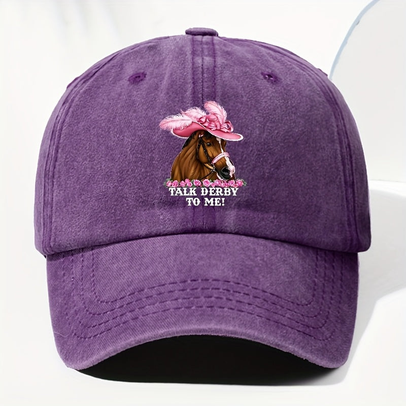 Unisex Adjustable Baseball Cap, Pink Horse Pattern with "Talk Derby to Me!" Print - Lightweight 100%, Machine Washable Vintage Design, Ideal for Casual Outdoor And Daily Wear