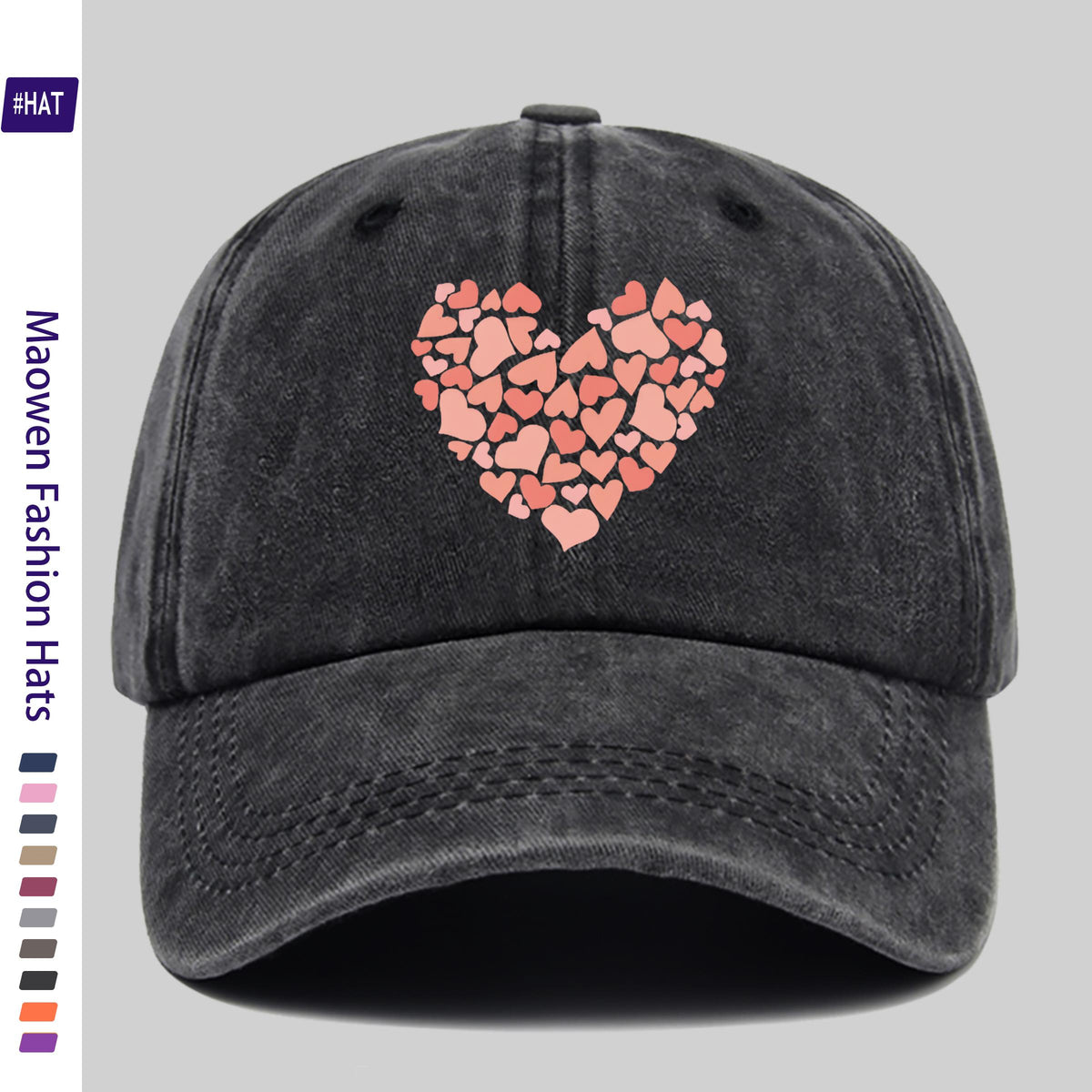 Summer Unisex Adjustable Baseball Cap, Washed Distressed Design, Large Heart Print with Small Heart Details, Washed Vintage Cap, Street Skateboard Cap, Retro Dad Hat, Durable, Comfortable, Breathable Trucker Cap