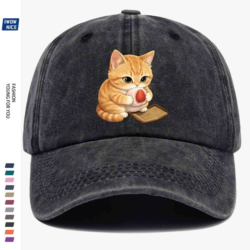 1pc Orange Striped Kitten Holding Strawberry Big Stamp Pattern Baseball Cap, Cute And Playful Fashion Casual Unisex Adjustable Size, Daily Outing, Coffee Shop Gathering, Park Stroll, Shopping Fun, Best Friend Date, Weekend Picnic, Relaxed Commute