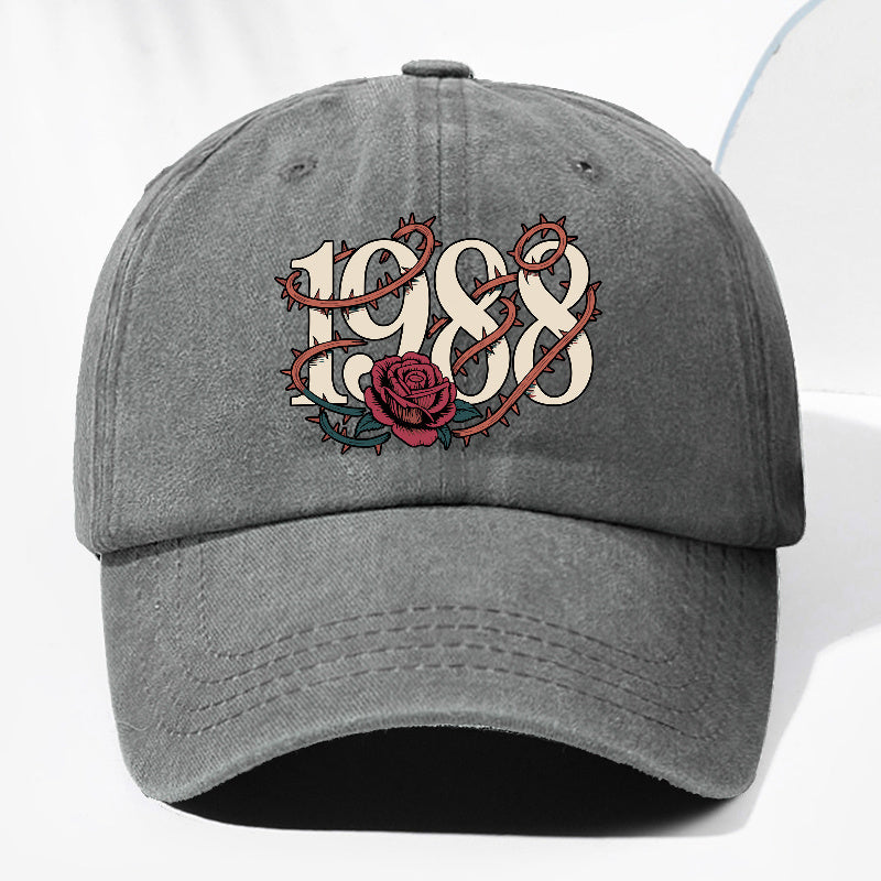 Unisex Thorn Flower 1988 Print Washed Vintage Baseball Cap, Fashionable Sun Outdoor Hat for Men and Women, Adjustable Trucker Hat Suitable for All Seasons and Daily Wear
