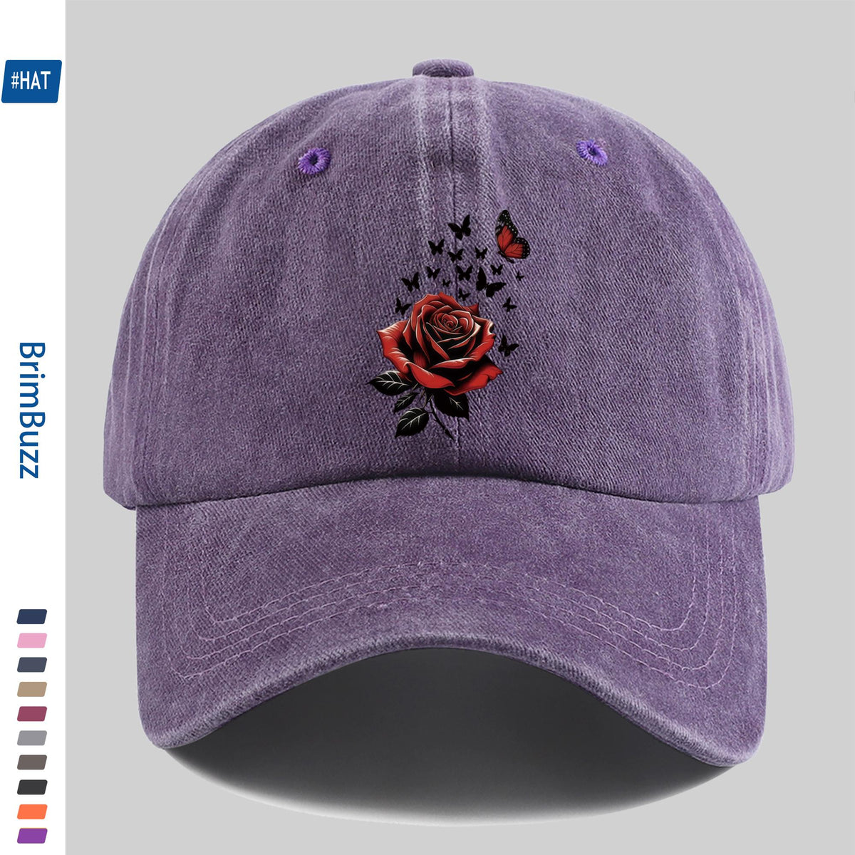 1pc Adjustable Trucker Sun Hat, Unisex, Vintage Washed Baseball Cap with Rose And Butterfly Print, Lightweight Outdoor Hat Suitable for Beach, Travel, Cycling, Party Gifts, Non-Elastic Strap Hat Suitable for Daily Casual Wear (Hand Washable)