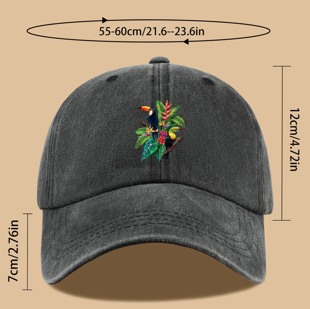 1pc Tropical Rainforest Theme Toucan Print Baseball Cap, Tropical Plant Floral Pattern Sun Hat, Fashionable And Individual Aesthetic Unisex Baseball Cap, Adjustable Size Outdoor Casual Sun Hat, Suitable for Vacation, Travel, Camping, Picnic