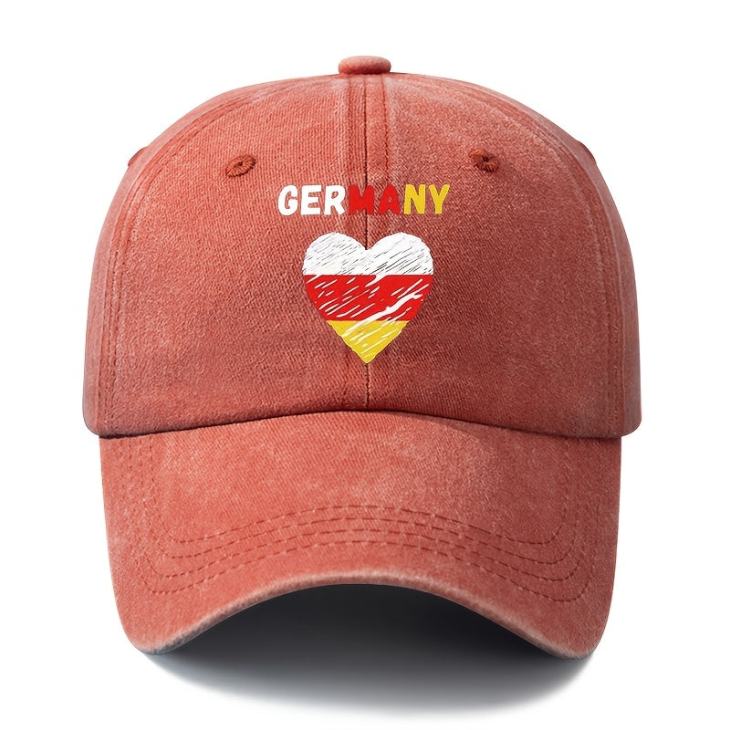 A Unisex Fashionable and Versatile Printed GERMANY Heart Baseball Cap, Featuring a Classic Vintage Washed Outdoor Lightweight Curved Brim. This Trucker Baseball Cap Is Suitable for Casual Occasions Such as Outdoor Vacations, Travel, and Camping