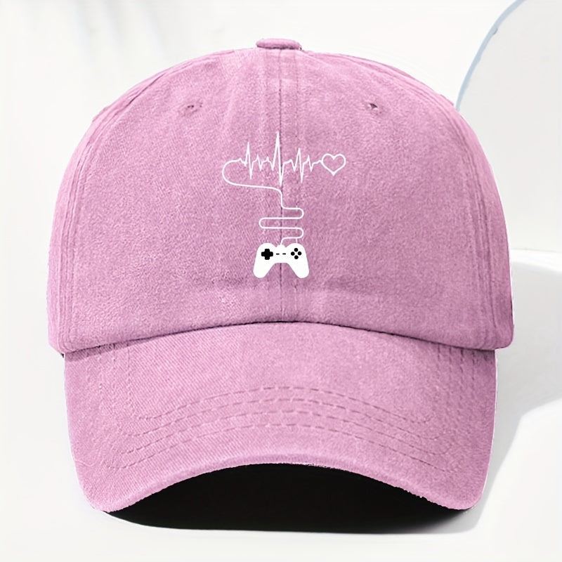 Unisex Gaming Console Heart Print Washed Vintage Baseball Cap, Fashionable Outdoor Hat for Men and Women, Adjustable Fit Trucker Hat Suitable for All Seasons and Daily Wear