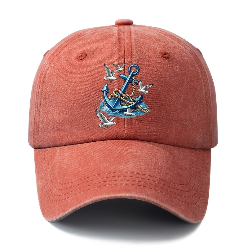 Unisex, Fashionable And Versatile Printed Nautical Anchor Baseball Cap, Classic Retro Washed Outdoor Lightweight Curved Brim Cap, Trucker Baseball Cap, Suitable for Outdoor Vacations, Travel, Camping, And Other Casual Occasions, Hip-Hop Style Cap