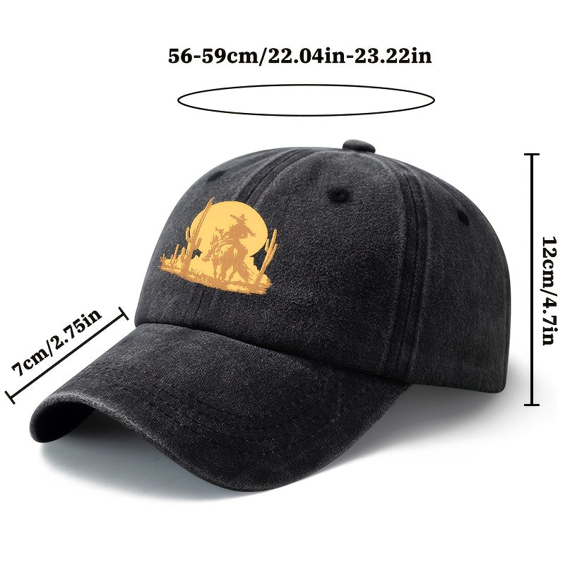 A Unisex Fashionable and Versatile Printed Desert Horseback Riding Hero Baseball Cap, Featuring a Classic Vintage Washed Outdoor Lightweight Curved Brim. This Trucker Baseball Cap Is Suitable for Casual Occasions Such as Outdoor Vacations