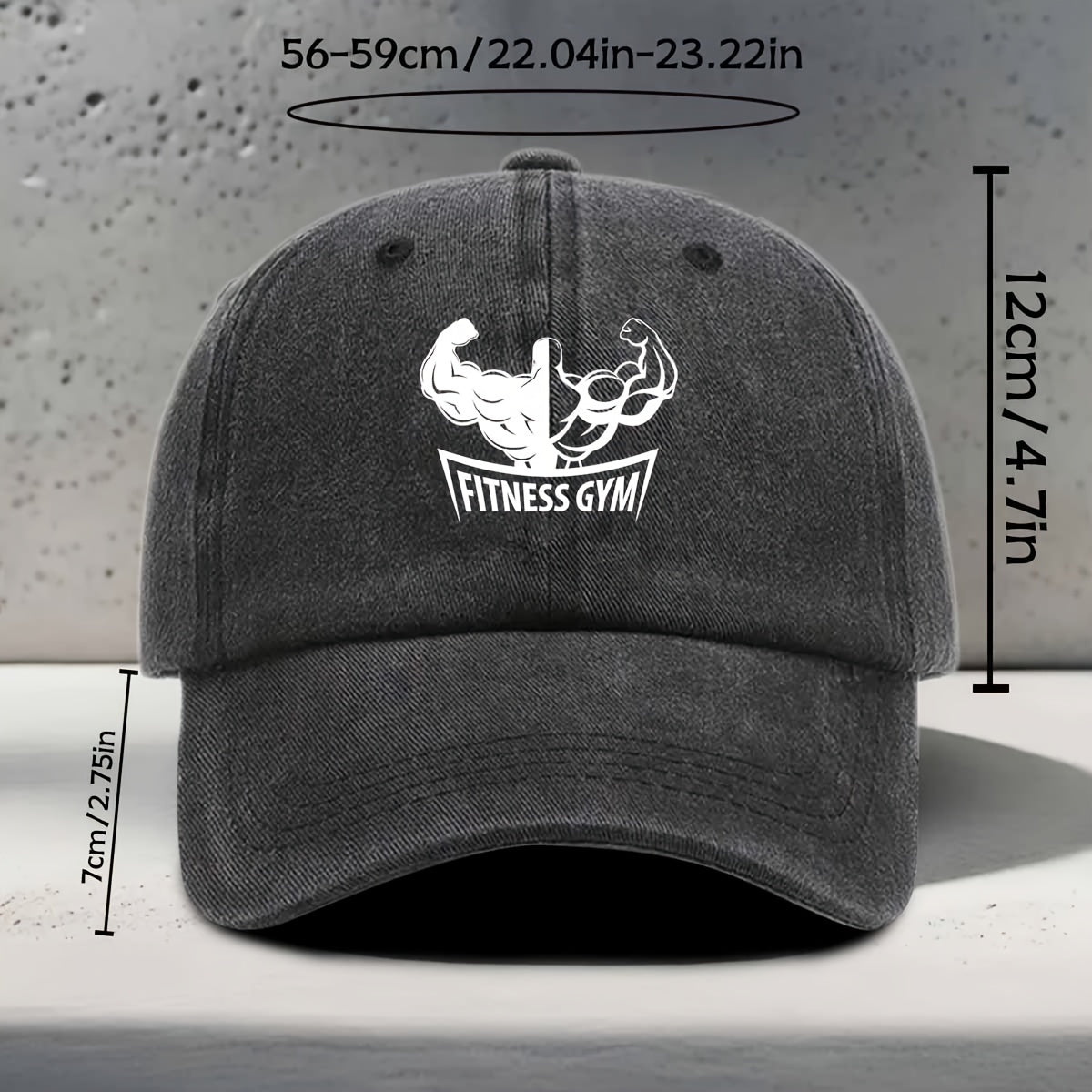 Men's & Women's Adjustable Baseball Cap with Muscle Silhouette & "FITNESS GYM" Print - Curved Brim Snapback Hat Suitable for Gym, Yoga, Outdoor Sports, Washed Style for Fitness Enthusiasts, Strength Training, Unisex