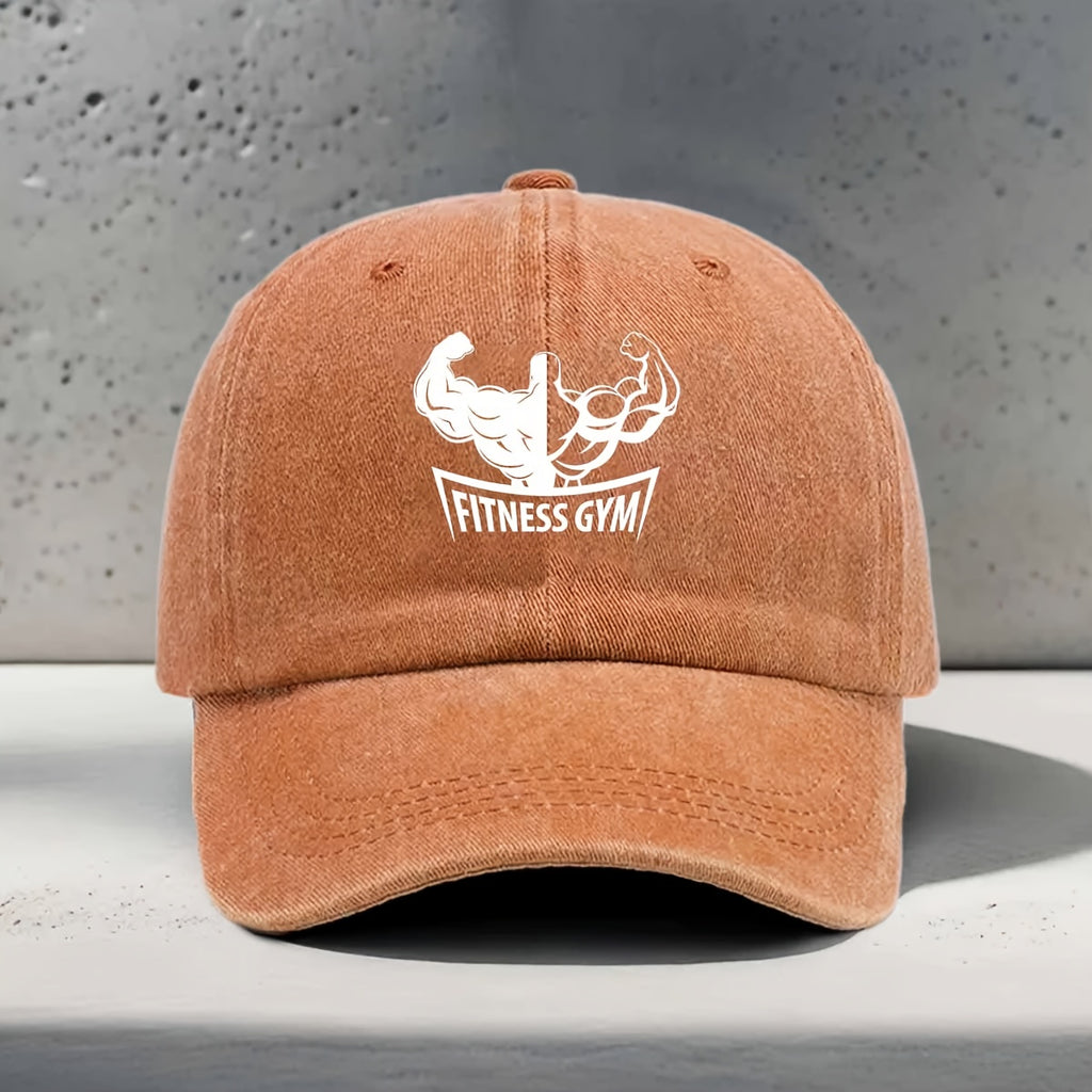Men's & Women's Adjustable Baseball Cap with Muscle Silhouette & "FITNESS GYM" Print - Curved Brim Snapback Hat Suitable for Gym, Yoga, Outdoor Sports, Washed Style for Fitness Enthusiasts, Strength Training, Unisex