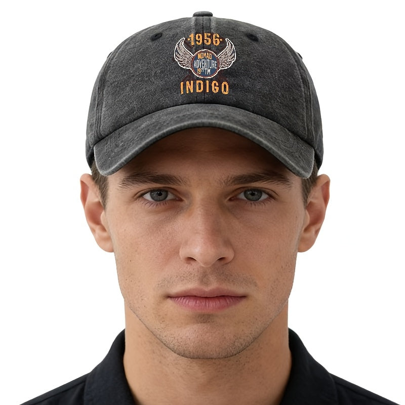 A Unisex Fashionable and Versatile 1956 INDIGO Printed Baseball Cap, Featuring a Classic Vintage Washed Outdoor Lightweight Curved Brim. This Trucker Baseball Cap Is Suitable for Casual Occasions Such as Outdoor Vacations, Travel, and Camping